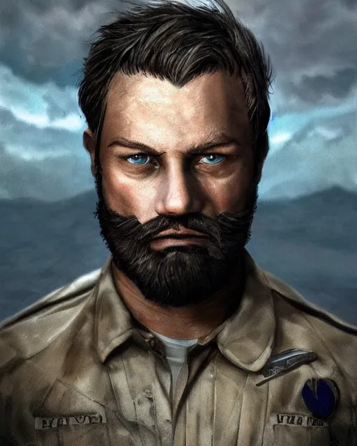 Image similar to portrait of muscular, tired and alcoholic 3 5 - year - old handsome man with short darkblonde hair, serious sad look in his eyes, dirty beard, blue eyes, wearing dirty soldier uniform, on the desert, hyper realistic face, beautiful eyes, character art, art by mark brooks, hyperdetailed, cryengine, trending on artstation, digital art