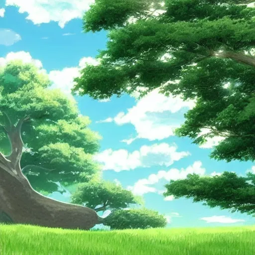 Image similar to white whale flying near giant tree in the green field, anime, HD,