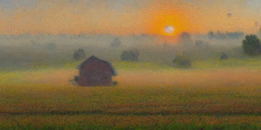 Prompt: impressionism painting of a farm field on a foggy morning, farm house in distance, sun low on horizon