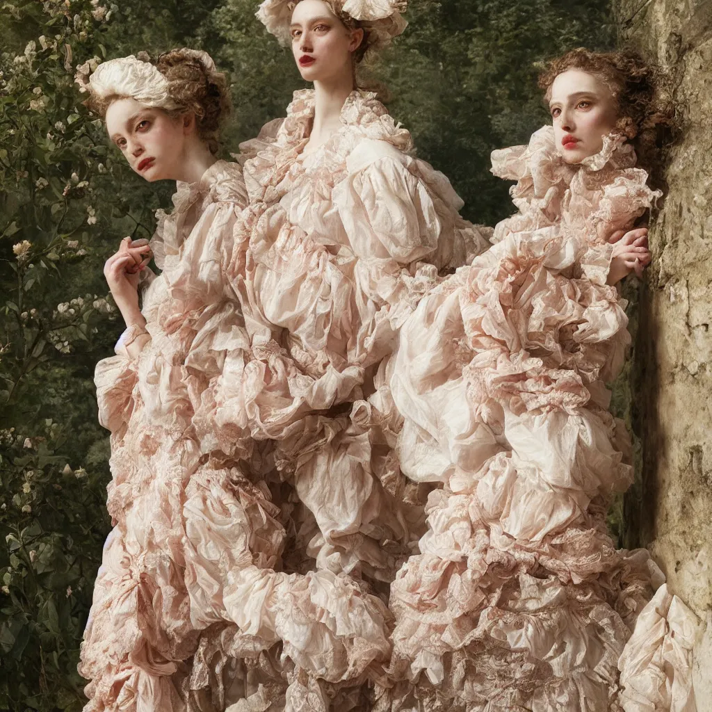 Image similar to fashion editorial by Jean-Honoré Fragonard. outdoor. highly detailed. 8k. depth of field. photography