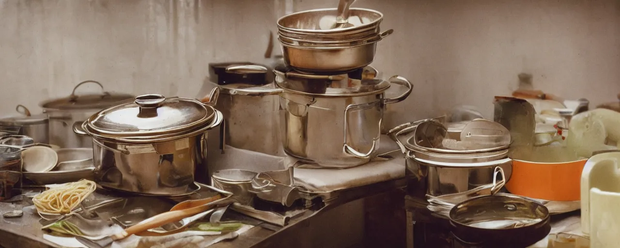 Prompt: boiling water, fresh spaghetti, large stock pot, 2 0 mm, photograph kodachrome, in the style of wes anderson, retro