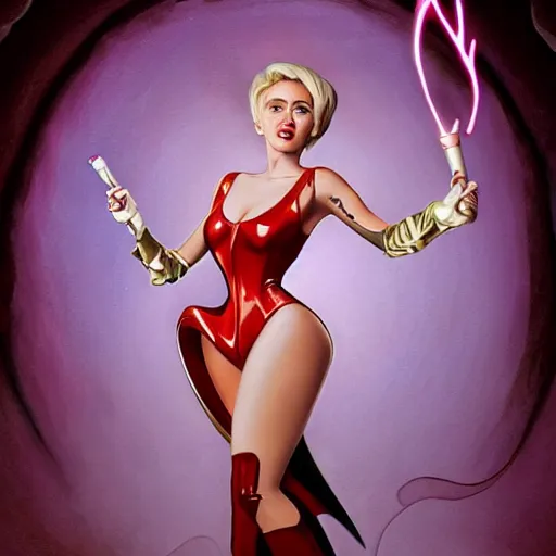 Image similar to miley cyrus dressed as jessica rabbit holding a glowing wand in one hand and a large leather bound book, fantasy, intricate, elegant, highly detailed, digital painting, artstation, concept art, matte, sharp focus, illustration, in the style of magic the gathering, art by artgerm and greg rutkowski and alphonse mucha