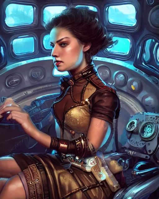 Prompt: anna carlos as a hot girl sitting in a steampunk spaceship, beautiful realistic upper body, beautiful face, portrait, trending on artstation, by dan mumford, by wenjun lin, octane render