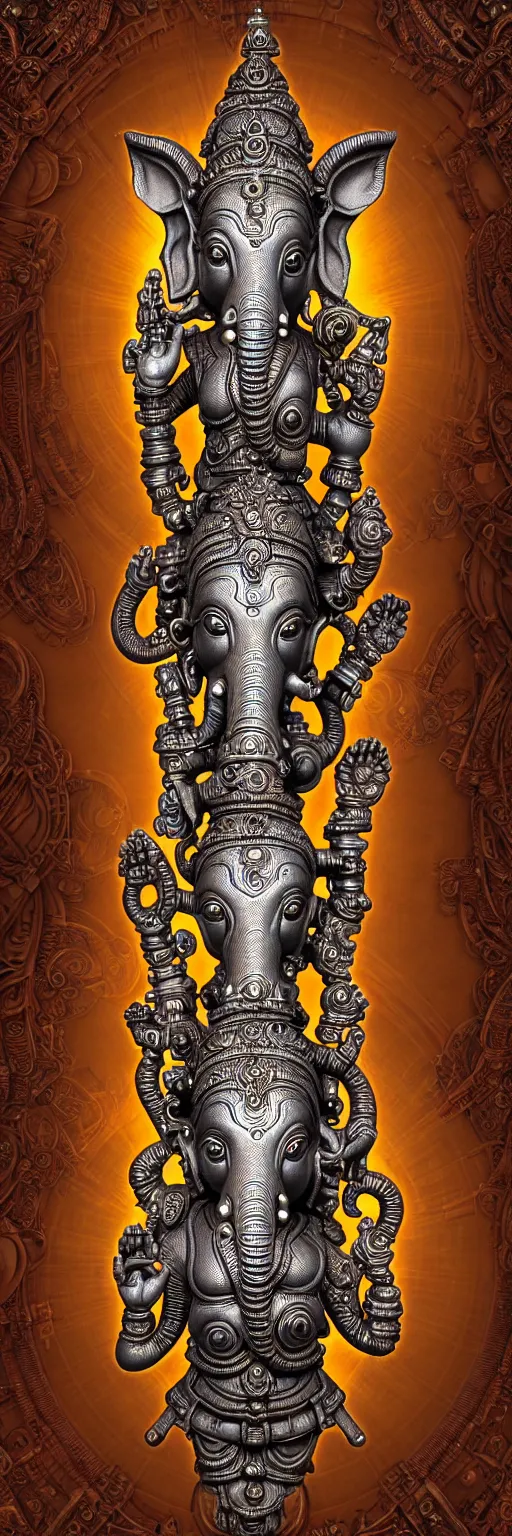 Image similar to seamless pattern of steampunk cybernetic biomechanical hindu god ganesha, symmetric, 3 d model, very coherent symmetrical artwork, unreal engine realistic render, 8 k, micro detail, intricate, elegant, highly detailed, centered, digital painting, artstation, smooth, sharp focus, illustration, artgerm, tomasz alen kopera, wlop