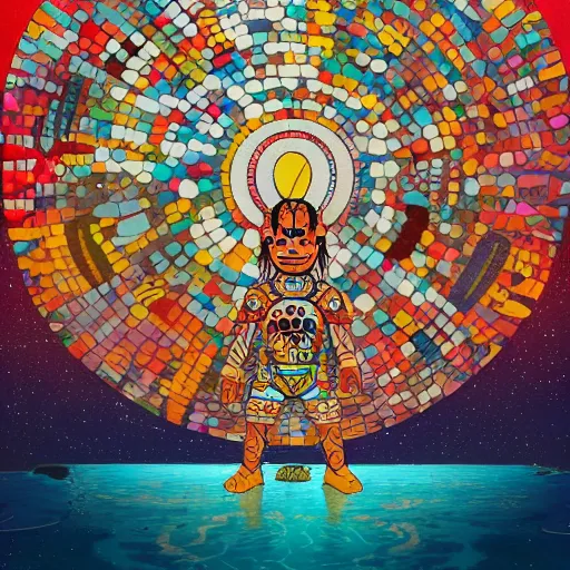 Image similar to a mayan warrior walking on water under the stars by takashi murakami, beeple and james jean, aya takano color style, 4 k, super detailed