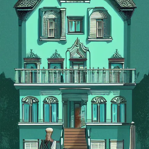 Prompt: people looking at a house, intricate, elegant, highly detailed, vector illustration, artstation, concept art, smooth, sharp focus, illustration, art by jonny wan, sea green color scheme