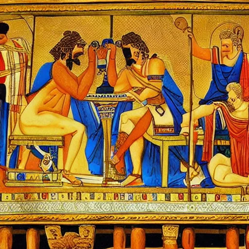 Prompt: Olympus gods playing chess, Greek art