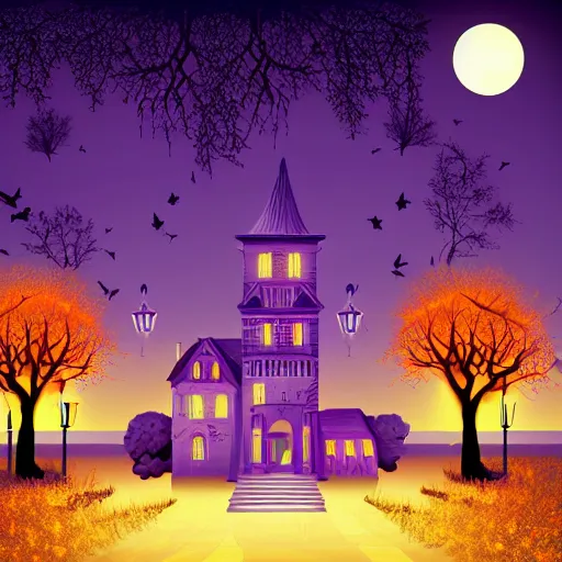 Prompt: vector illustration scenic beautiful colors, haunted gothic house, scary trees, pumpkins, lamp post illuminated at night - W 1024