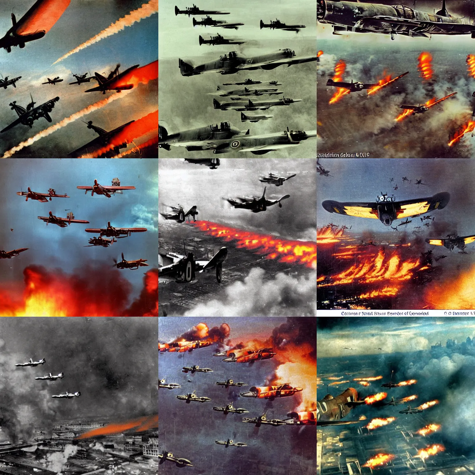 Prompt: armada of ww 2 german stuka dive bombers flying over a destroyed smoking flaming city, color, reflections, motion blur, atmospheric