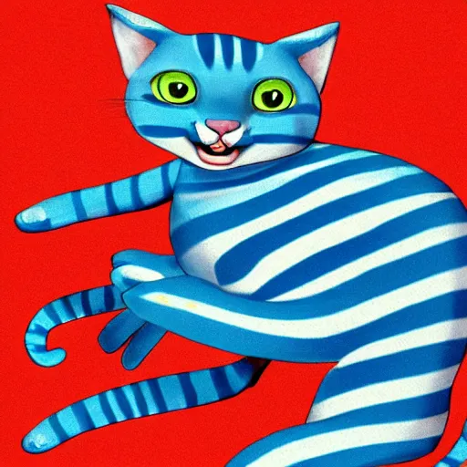 Image similar to cute blue striped cat of cheshire from alice in wonderland. an adorable cat with light blue stripes and a big playful human - like smile. award - winning digital art, trending on artstation