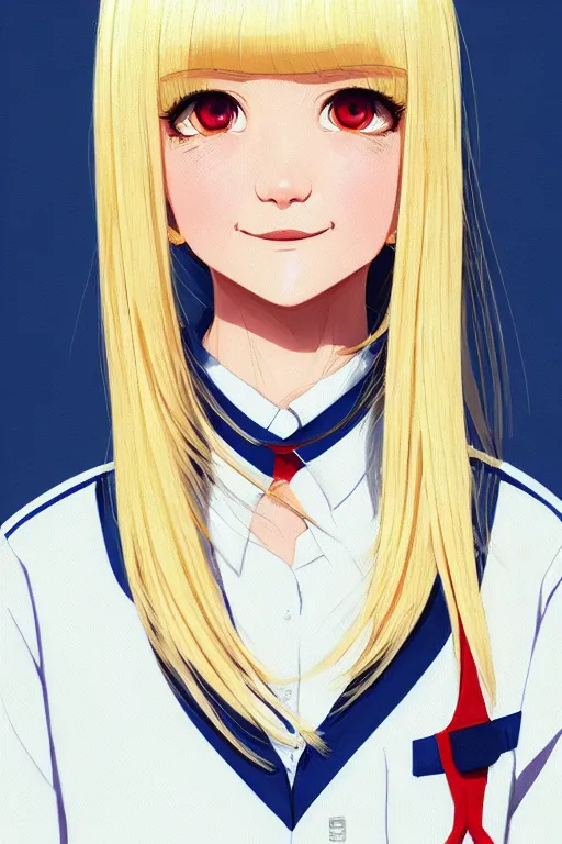 Image similar to a headshot of a very happy cute girl with shoulder - length white hair wearing school uniform, sharp focus, illustration, morandi color scheme, art station, high detailed, by ilya kuvshinov