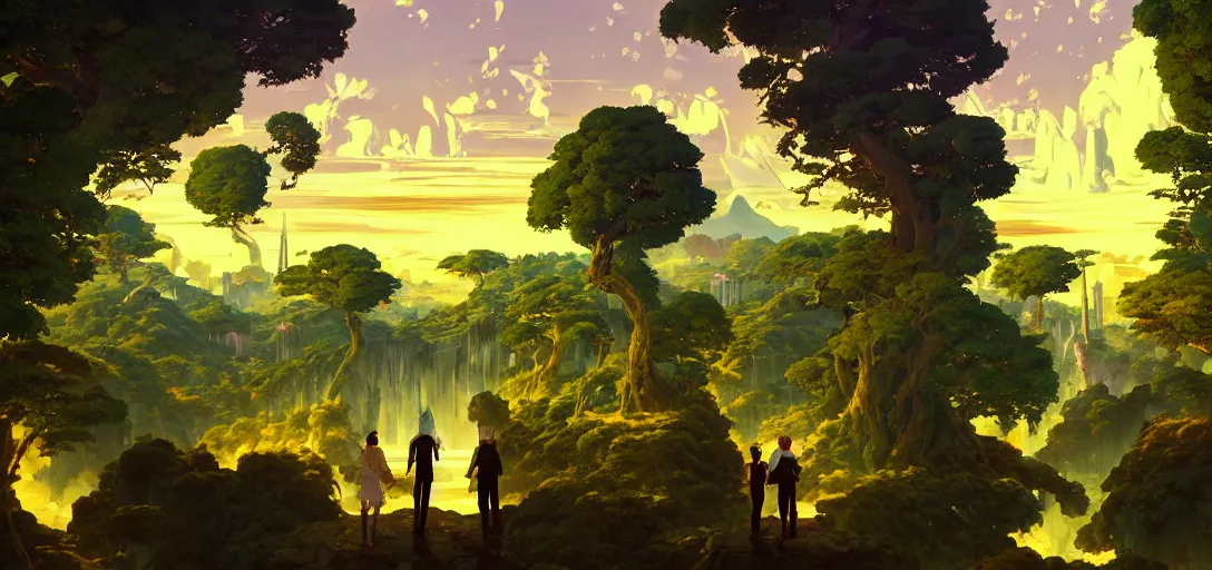 Image similar to baroque oil painting of anime key visual environment of a garden of eden in a cyberpunk world, brutalist, dark fantasy, sunset, rule of thirds, digital cel shading, fake hidden detail, trending on pixiv fanbox, style of makoto shinkai studio ghibli jamie wyeth james gilleard greg rutkowski