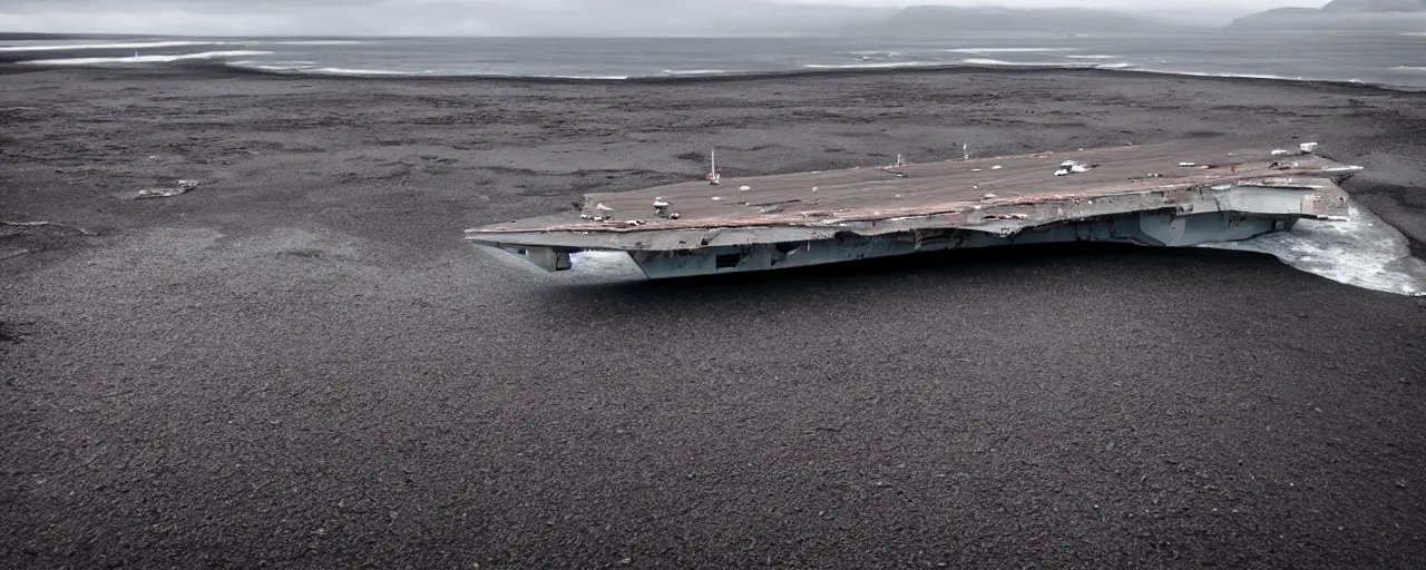 Image similar to low angle cinematic of abandoned aircraft carrier in the middle of endless black sand beach in iceland, rivers