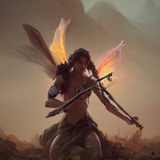 Image similar to scary godlike fairy killing a frog , muscular , upper body , epic , traditional makeup , gorgeous features , Post-processing , low angle , Greg rutkowski legendary matte painting , masterpiece