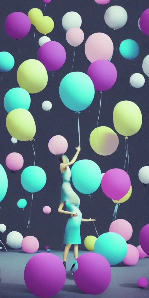 Prompt: 3d matte render, dj rave party, Hsiao-Ron Cheng, balloons, pastel colors, hyper-realism, pastel, polkadots, minimal, simplistic, amazing composition, woman, vaporwave, wow, Gertrude Abercrombie, Beeple, minimalistic graffiti masterpiece, minimalism, 3d abstract render overlayed, black background, psychedelic therapy, trending on ArtStation, ink splatters, pen lines, incredible detail, creative, positive energy, happy, unique, negative space, pure imagination painted by artgerm