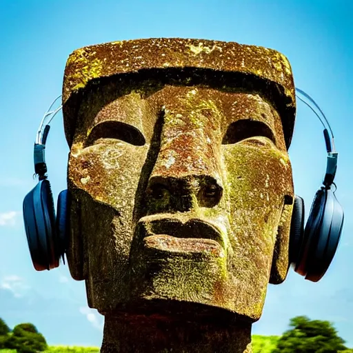 Image similar to a high detail photo of a moai wearing headphones