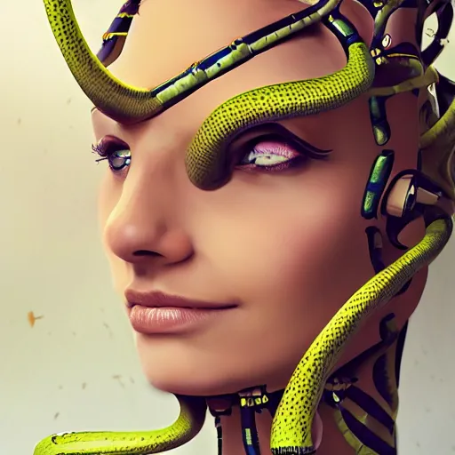 Image similar to a robotic woman with snakes on her hair, artstation