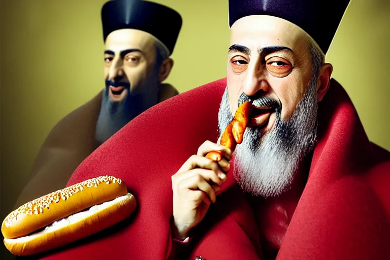 Image similar to Ottoman Sultan Mehmet IV eating a delicious hot dog, wearing big ovular turban and a luxurious Ottoman coat, mid-shot, cold lighting, photography from Vogue Magazine, neat, precise, realistic, detailed facial features, expressive, photorealistic, hyperrealism, micro details, HDR Shot, in the style of Martin Schoeller