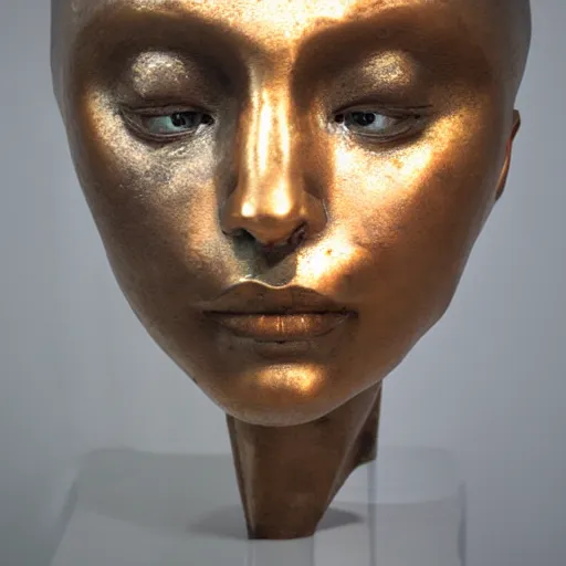 Prompt: The installation art is an abstract portrait of a woman. The woman's face is divided into two halves, one half is black and the other is white. The woman's eyes are large and staring. The installation art is full of energy and movement. copper, patina by Yoshitaka Amano dull
