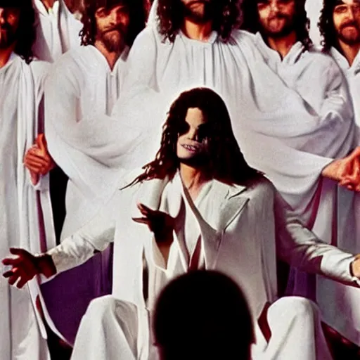 Image similar to michael jackson as jesus christ wearing a white suit at the last supper, realistic