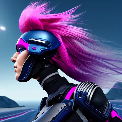 Image similar to a award winning action upper body portrait of a beautiful woman with a ombre purple pink hairstyle with head in motion and hair flying while wearing futuristic navy blue bodyarmor and pauldrons, outrun, vaporware, highly detailed, fine detail, intricate