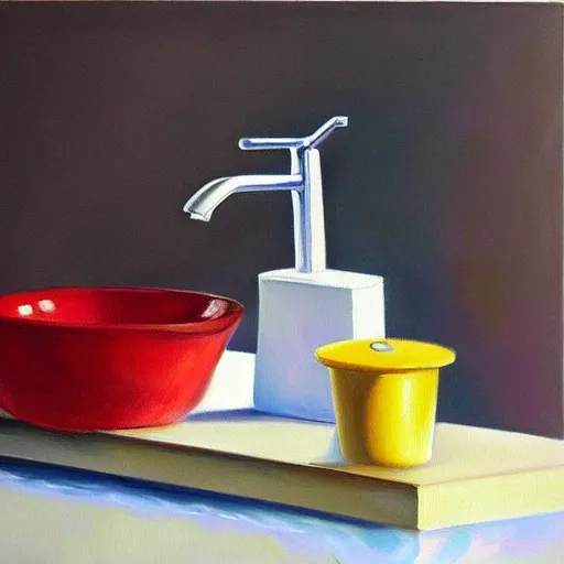 Prompt: a colorful painting of a faucet and soap dispenser, an airbrush painting by janet fish trending on artstation, ( ( ( hyper realism ) ) ), oil on canvas, detailed painting