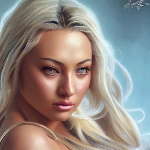 Image similar to portrait painting of lindsey pelas, sari, ultra realistic, concept art, intricate details, eerie, highly detailed, photorealistic, octane render, 8 k, unreal engine. art by artgerm and greg rutkowski and alphonse mucha