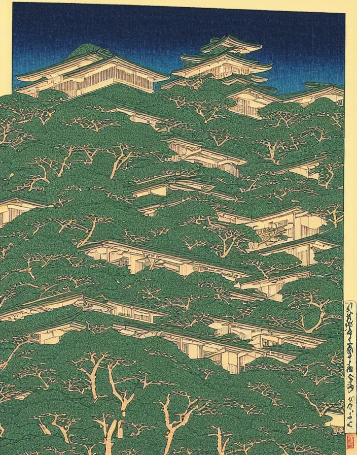 Image similar to a building in a stunning landscape japanese woodblock print by Hasui Kawase