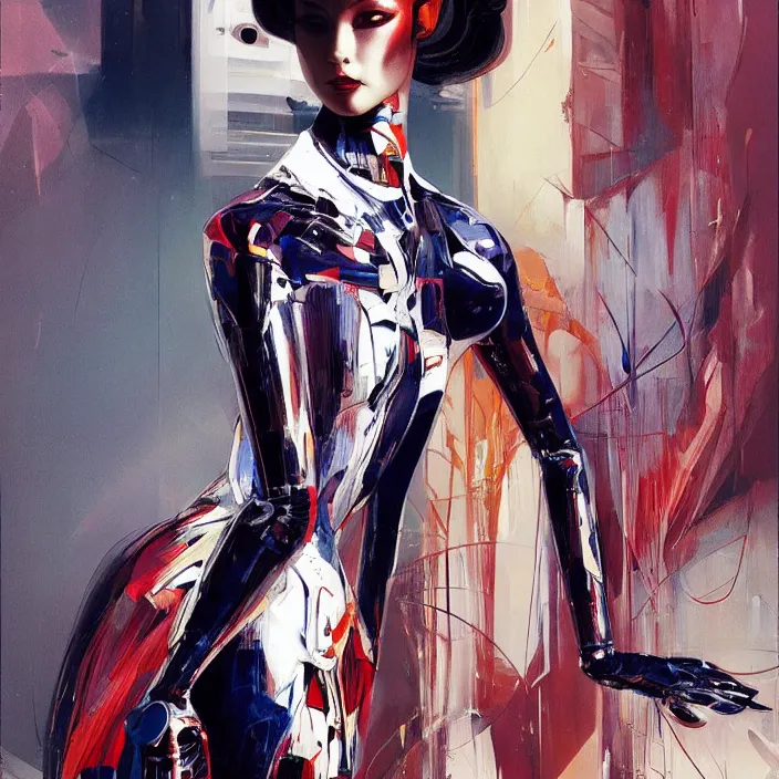 Prompt: geisha cyborg, full body, high fashion, futurism, aerodynamic, flowing, intricate, slick, highly detailed, digital painting, vogue, concept art, smooth, sharp focus, hd, art by syd mead and john berkey and annie leibovitz