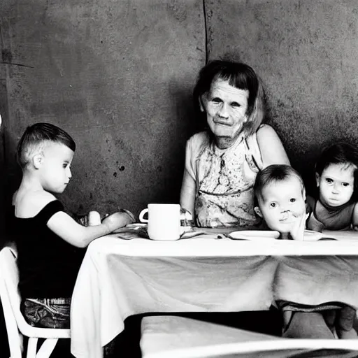 Prompt: black and white photograph of family at table by Eugene Richards