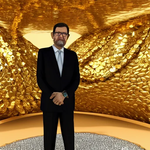 Image similar to a still of mariano rajoy surrounded by gold and diamonds, award - winning, photograph, 3 d render, unreal engine, 4 k detailed