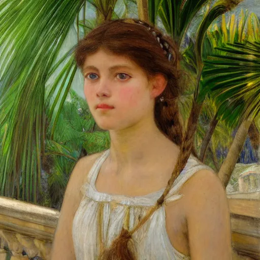 Image similar to a ultradetailed beautiful painting of a girl in the amazonas palace balustrade designed by jules bastien - lepage, hans belmer, frank weston and gustave baumann, beach, trending on artstation, mediterranean, palm trees, detailed face, sharp focus, soft light, 8 k 4 k