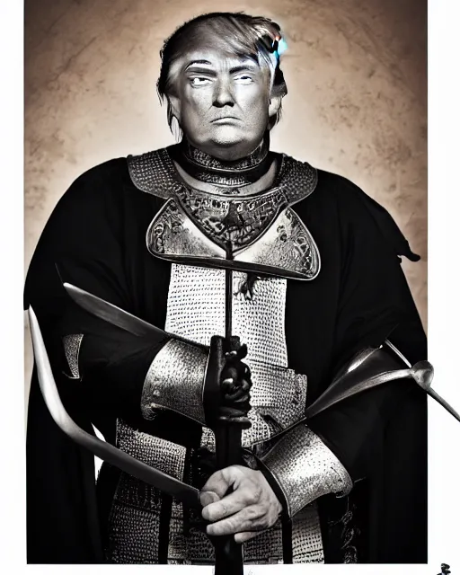 Prompt: a photo of donald trump dressed as a medieval knight. he's holding a sword with both hands. medium shot portrait. dslr photography