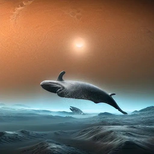 Prompt: whale on mars, photorealistic, very detailed, high definition landscape, beautiful whale, award winning photograph, nature on mars