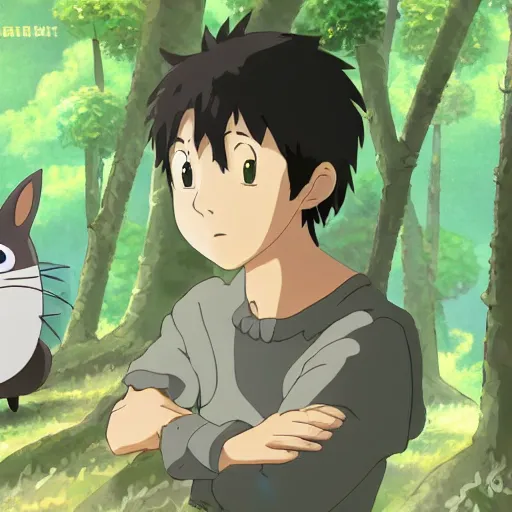 Image similar to friendly guy and small creature , with Fragile looking character portrait face made in Studio Ghibli artstyle ,highly detailed art, beautiful scene, sharp focus, smooth, 8k, anime art, fantasy, style in ghibli anime style, fantasy, island, forest with animals 8k