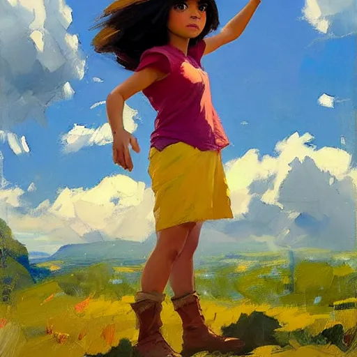 Prompt: Greg Manchess painting of dora the explorer, countryside, fantasy character portrait, dynamic pose, above view, sunny day, thunder clouds in the sky, artwork by Jeremy Lipkin and Giuseppe Dangelico Pino and Michael Garmash and Rob Rey, very coherent asymmetrical artwork, sharp edges, perfect face, simple form, wacky, 100mm