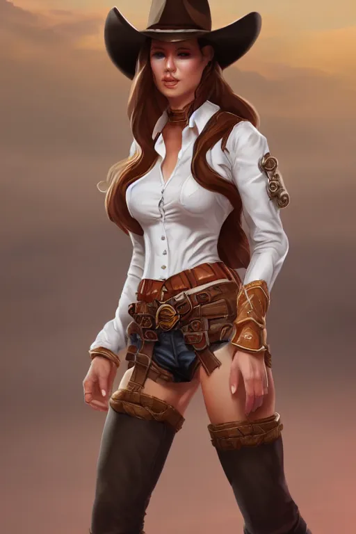 Image similar to full body, female cowgirl, perfect face, white blouse, 8 k, magic the gathering, desert, d & d, artstation, high detail, smooth, muscular