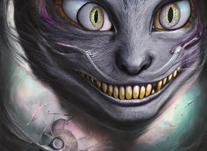 Image similar to dream portrait of Cheshire Cat from Alice in Wonderland,full character, melting ,8k,by tristan eaton,Stanley Artgermm,Tom Bagshaw,Greg Rutkowski,Carne Griffiths, Ayami Kojima, Beksinski, Giger,trending on DeviantArt,face enhance,hyper detailed,minimalist,cybernetic, android, blade runner,full of colour