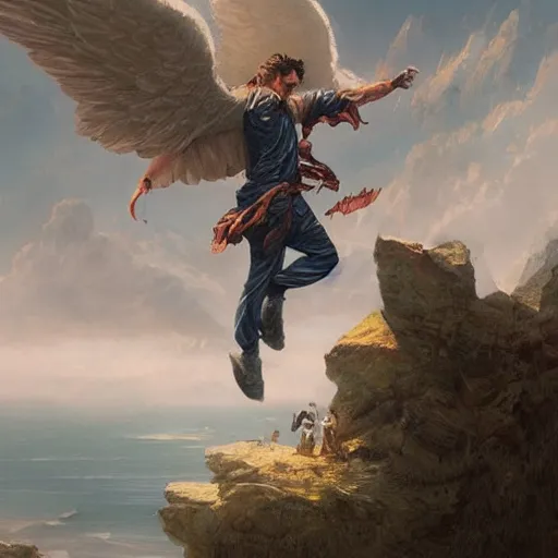 Image similar to angel protecting man falling from a cliff, detailed intricate ink illustration, happy atmosphere, detailed illustration, hd, 4k, digital art, overdetailed art, by greg rutkowski, by loish, complementing colors, Trending on artstation, movie poster style