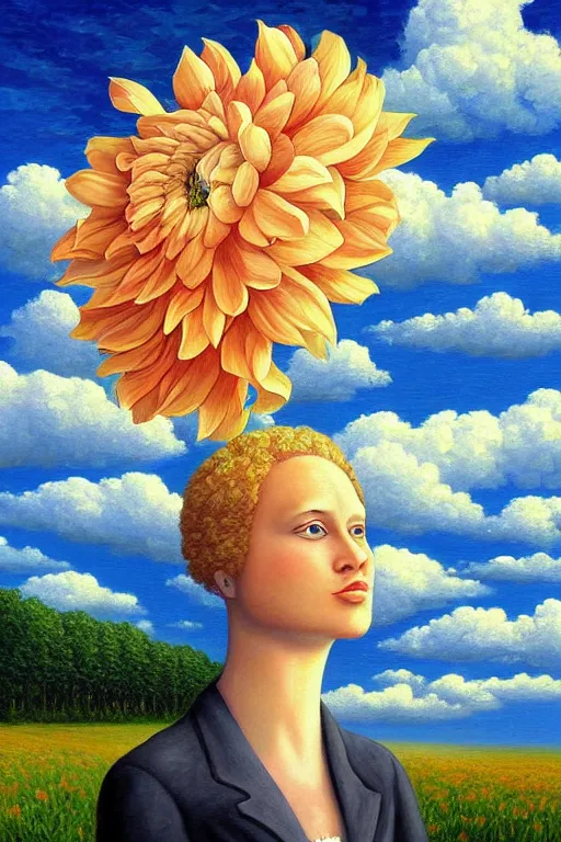 Prompt: closeup, giant flower head, woman in suit, clouds in sky, surreal, impressionist painting, digital painting, artstation, rob gonsalves