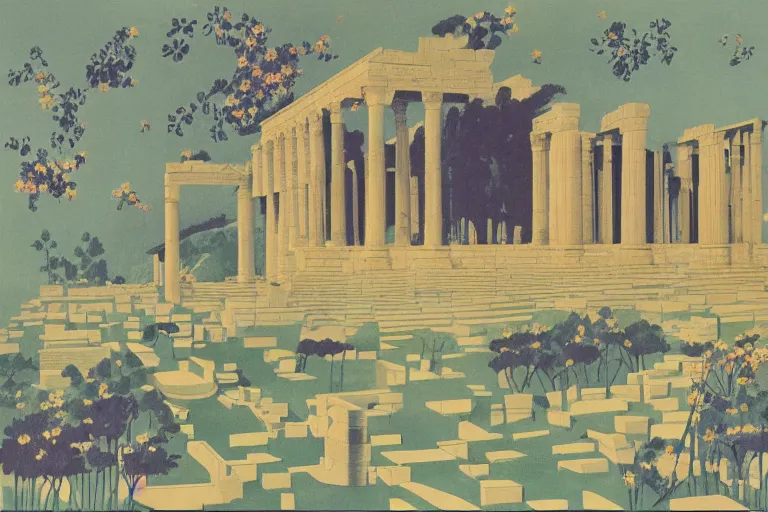 Image similar to night, stars, mecha robot, hanging gardens of babylon, temple of artemis at ephesus, waterfalls, blooming hills with spring flowers and pillars by helen lundeberg