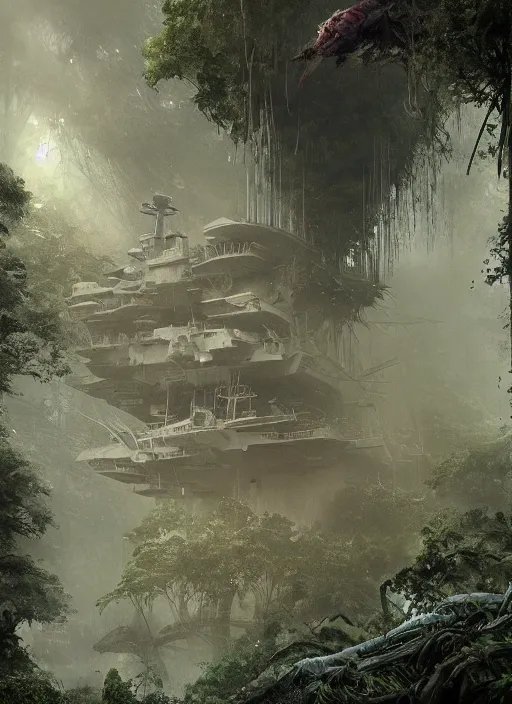 Image similar to aircraft carrier USS Nimitz overgrown with vegetation laying on the ground of a tropical forest, post appocalyptic, by Luis Royo, by Greg Rutkowski, dark, gritty, intricate, cover illustration, concept art, volumetric lighting, volumetric atmosphere, sharp focus, octane render, trending on artstation, 8k