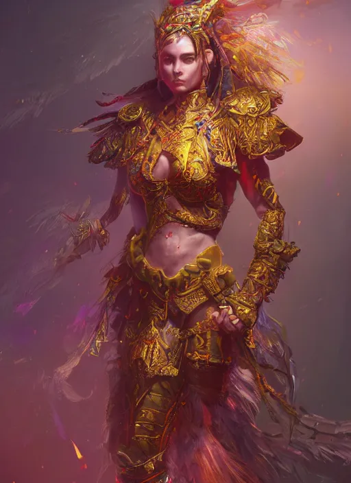 Image similar to detailed full body concept colorful fantasy painting of a female warrior in intricate clothing, cinematic lighting, hyperdetailed, 8k, high resolution, insanely detailed and intricate, octane render