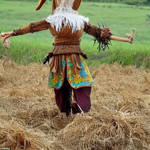 Prompt: dwarves in traditional clothes in mushroom fields put up a scarecrow from bats