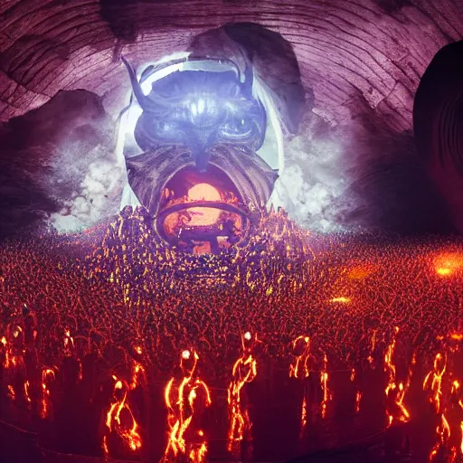 Prompt: photo inside a futuristic revival of an ancient greek mystery cult, a giant massive huge crowd of people in black cult robes holding lit fire torches worshipping a giant huge massive idol of an alien owl bat monster made of shiny reflective colorful latex, inside a massive dark cave, dripping blood raining from above