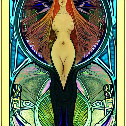 Image similar to “ beautiful extraterrestrial woman goddess standing in a style of Alphonse Mucha, fractals, alien forms, organic, 8k”