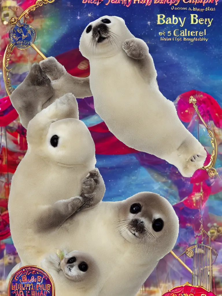 Image similar to baby harp seal at the circus, in the style of barnum and bailey, ringling brothers circus, circus, poster