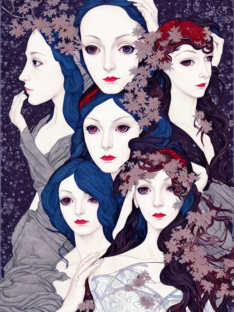 Image similar to triad of winter muses as december, january, and february, style mix of æon flux, shepard fairey, botticelli, ivan bilibin, john singer sargent, pre - raphaelite, shoujo manga, harajuku fashion, dormant nature, snow, ice, stark colors, superfine inking, ethereal, 4 k photorealistic, arnold render