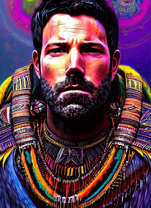 Image similar to portrait of ben affleck, hyper detailed ultra sharp aztec shaman warrior. trending on artstation, warpaint aesthetic, bloodwave, colorful, psychedelic, ornate, intricate, digital painting, concept art, smooth, sharp focus, illustration, art by artgerm and greg rutkowski and h. r. giger, 8 k