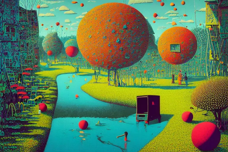 Image similar to surreal glimpse into other universe, kok samui, summer morning, very coherent and colorful high contrast, art by!!!! gediminas pranckevicius!!!!, geof darrow, floralpunk screen printing woodblock, dark shadows, hard lighting, stipple brush technique,